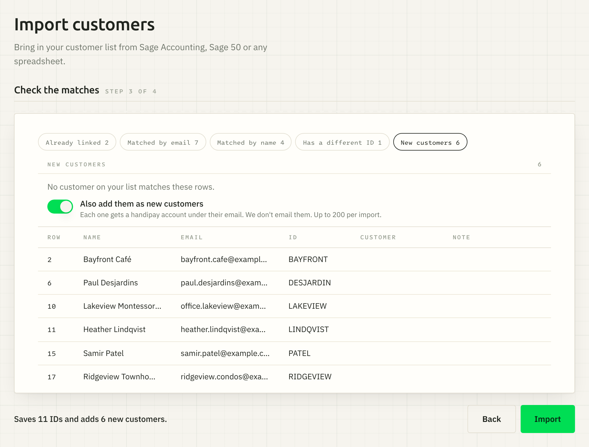 The New customers group on the Check the matches step for a Sage Accounting customer list, with the Also add them as new customers switch