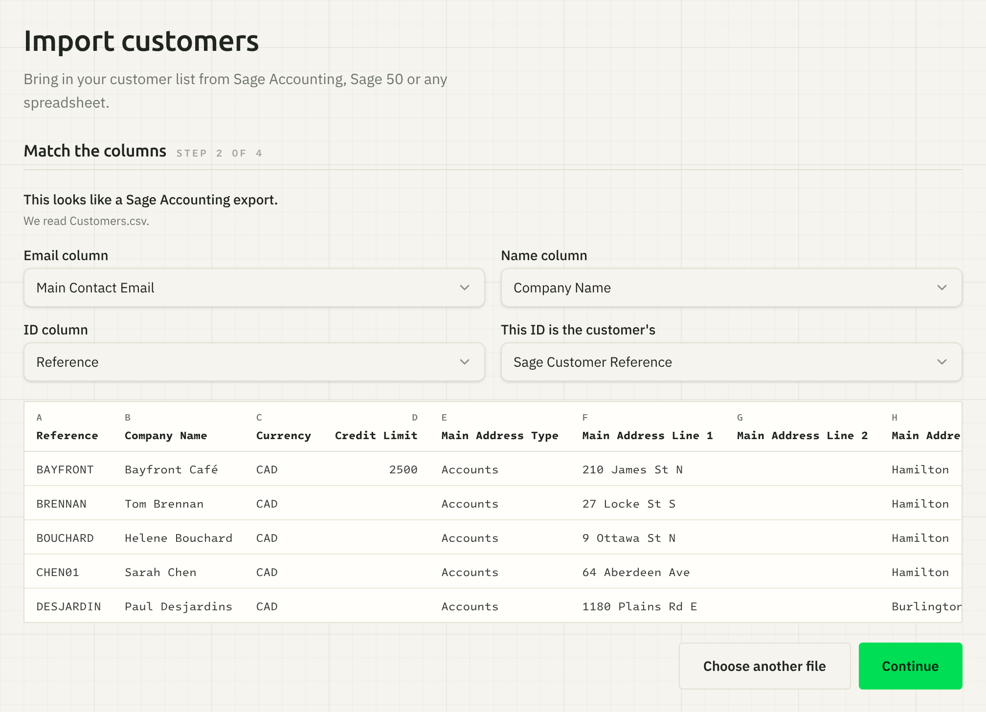 The Match the columns step for a Sage Accounting customer list: the software handipay recognized, the Email, Name and ID column choices, and the first rows of the file