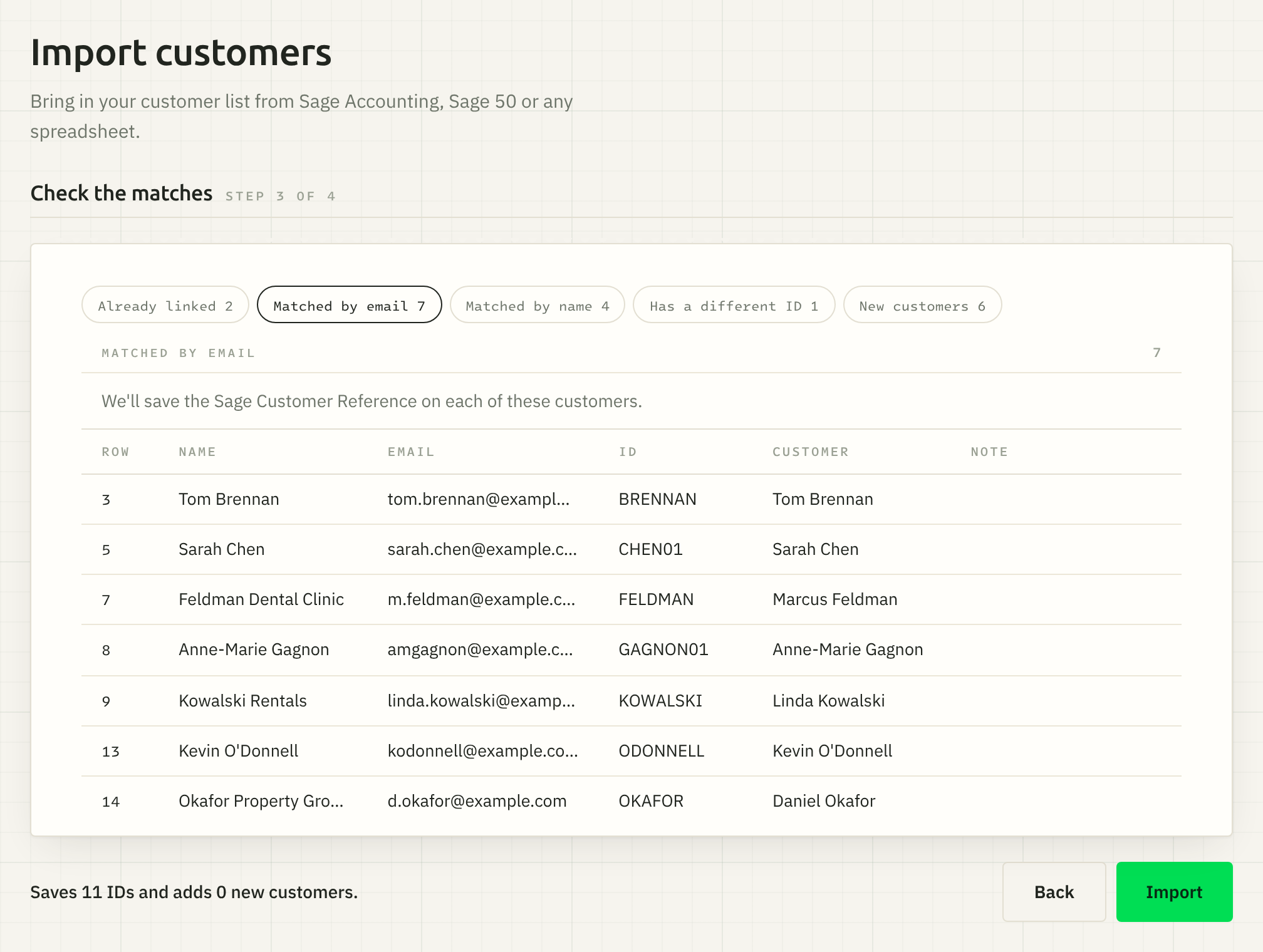 The Check the matches step for a Sage Accounting customer list: a chip for each group with its count, and a page of matched rows