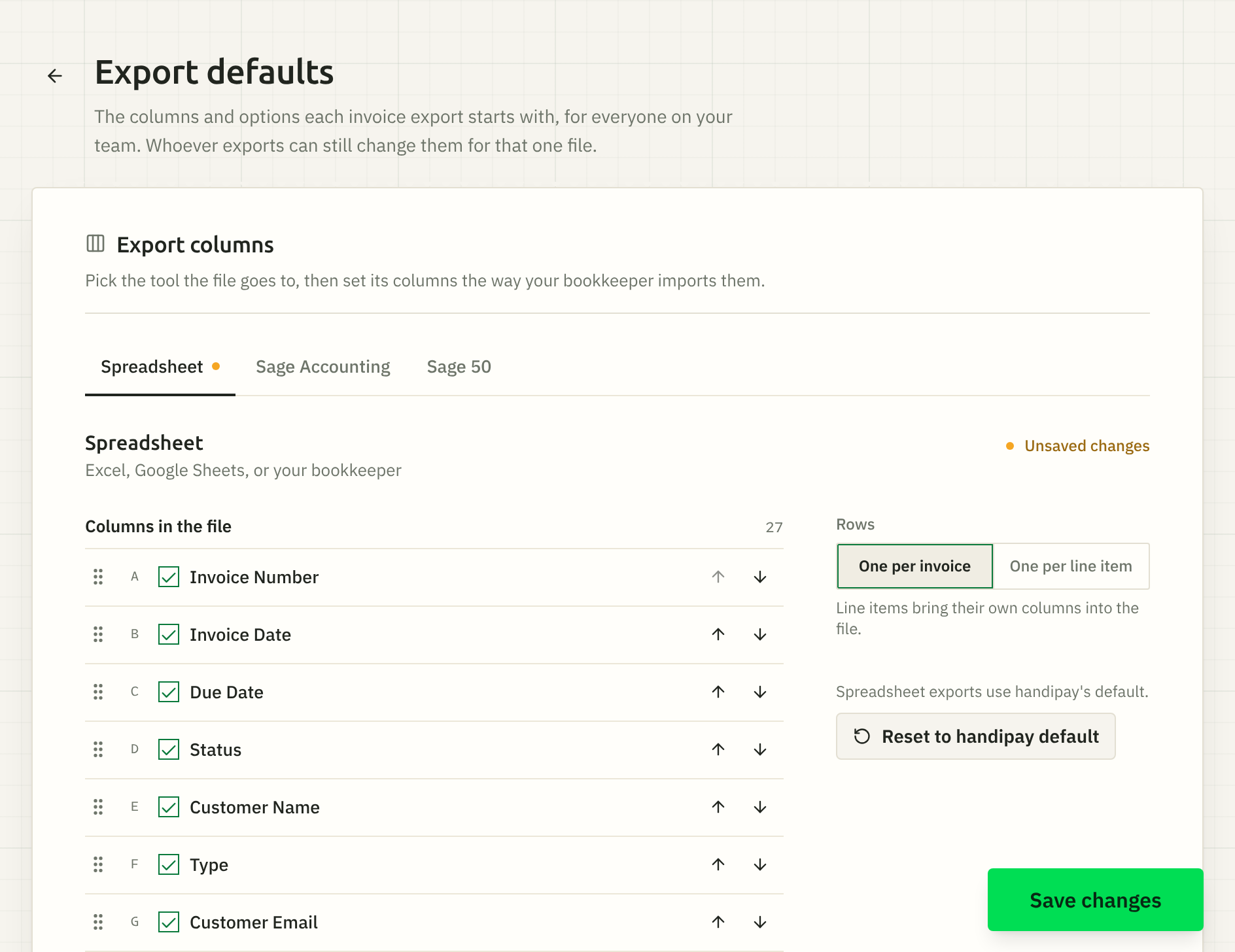 Settings, Export defaults: a tab each for Spreadsheet, Sage Accounting and Sage 50, the open tab's columns and options, and Save changes