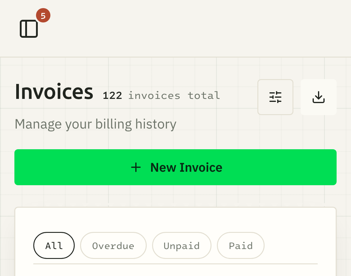 The invoice list's header on a phone: the Filters button and the icon-only Export button beside it