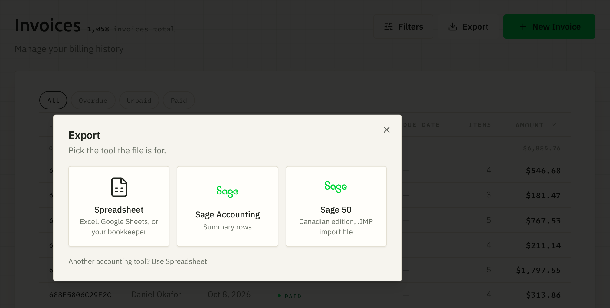 The Export window on the invoice list, with three tiles: Spreadsheet, Sage Accounting and Sage 50