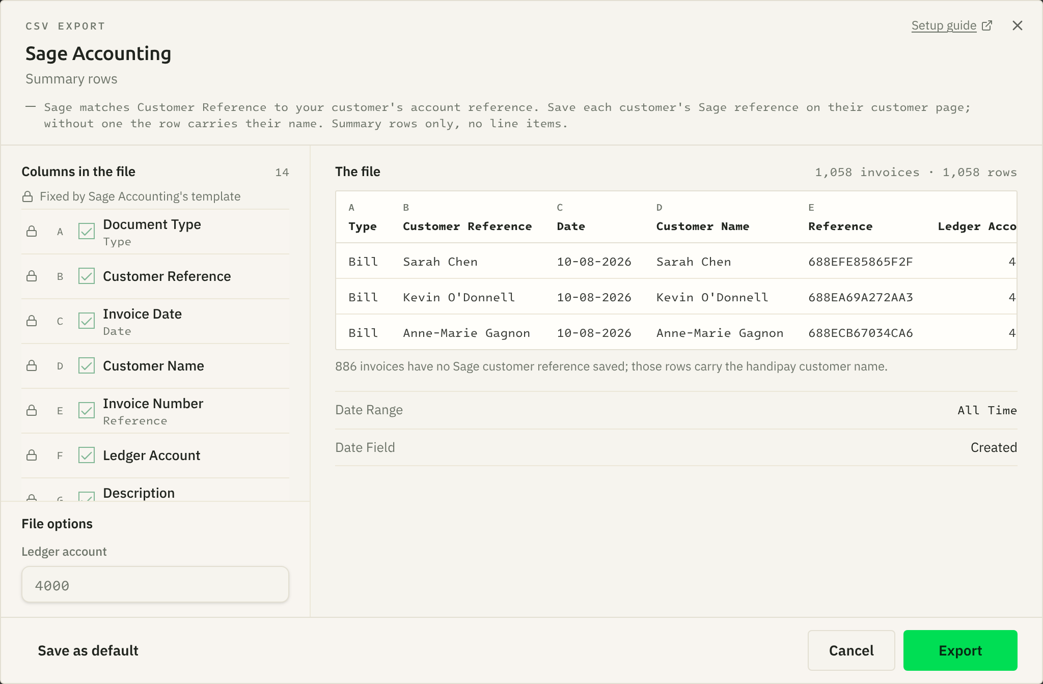 The Sage Accounting export window: its columns down one side, the file preview and its invoice and row counts beside them